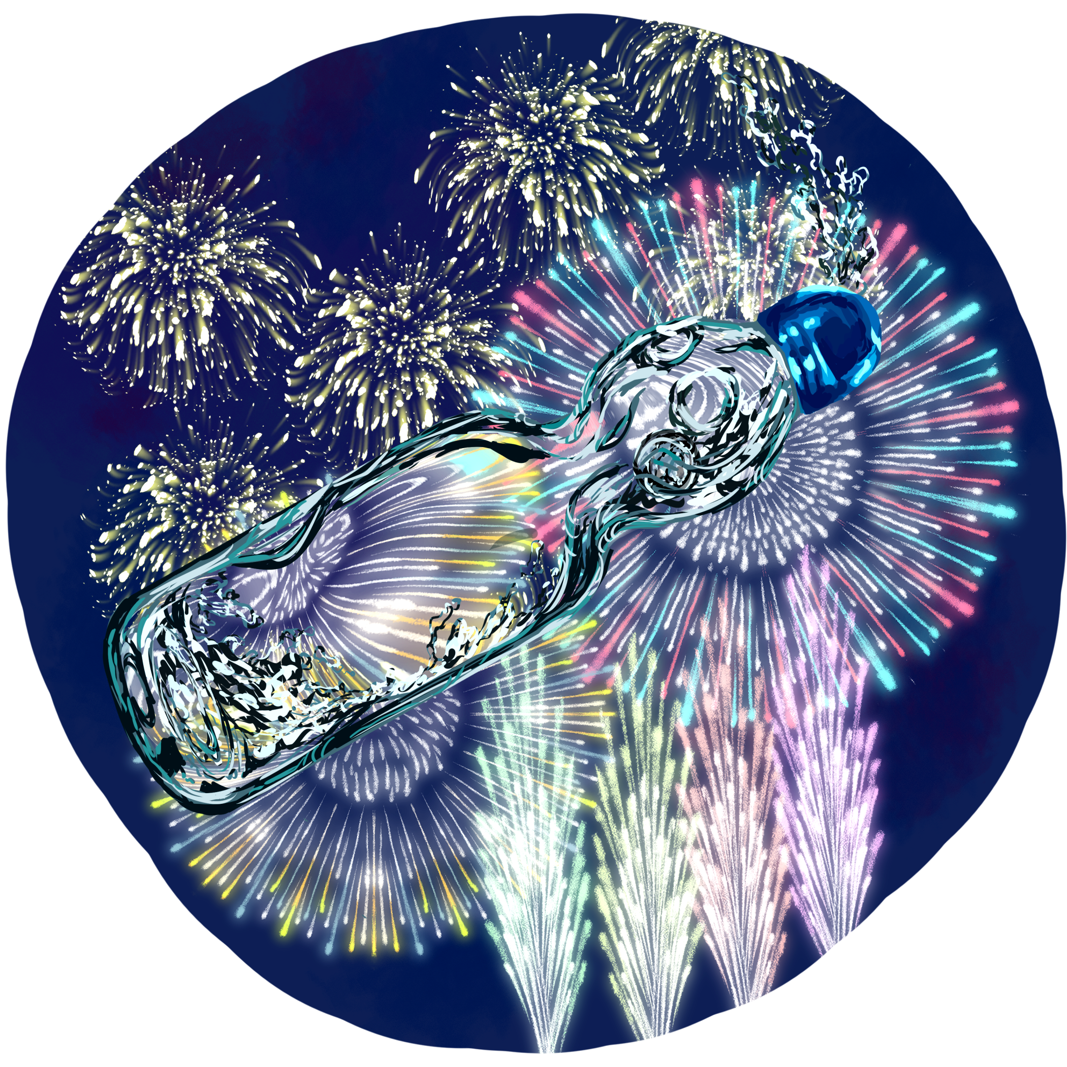 花火の光を映すラムネ瓶｜夏のきらめきを描いた作品